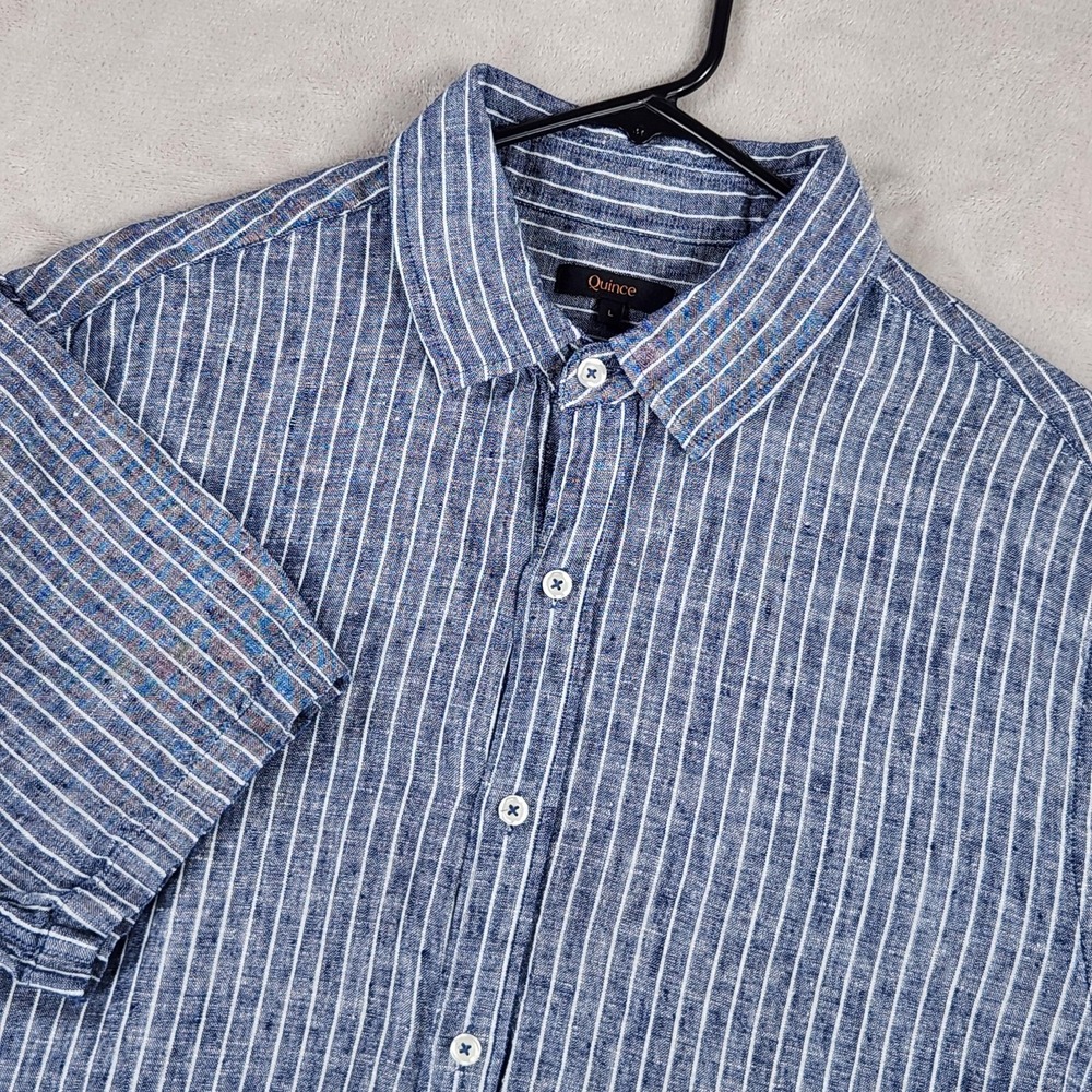 Quince Shirt Mens Large Blue Chambray Stripe 100% Linen Short Sleeve Button Up